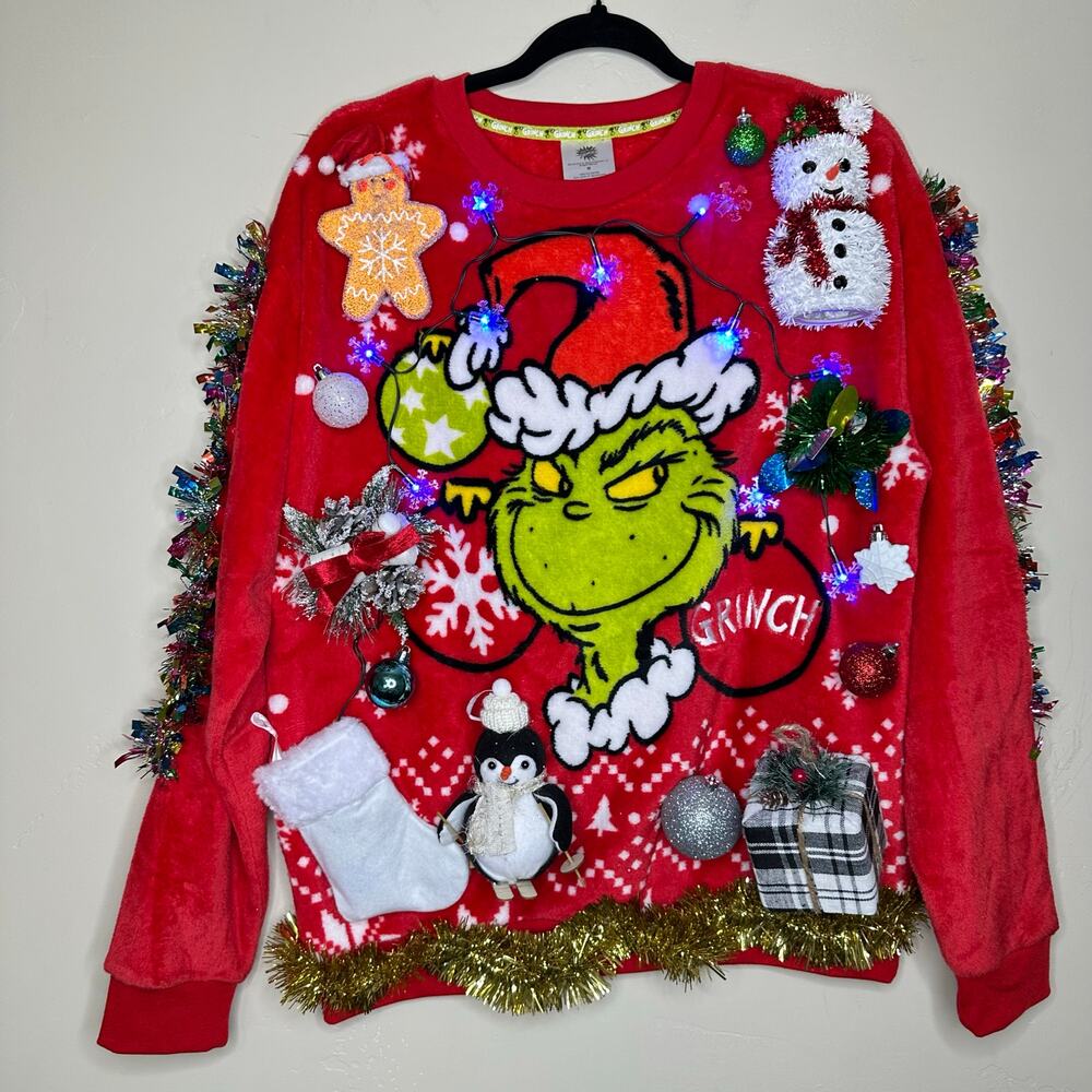 Ugly Christmas Sweater Grinch LIGHTS UP Tacky Tinsel Xmas Party Winner Sz Medium